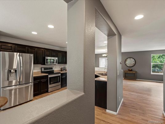 Interior, Kitchen, Recessed Lighting, Stainless Steel Appliances, Wood Texture Flooring