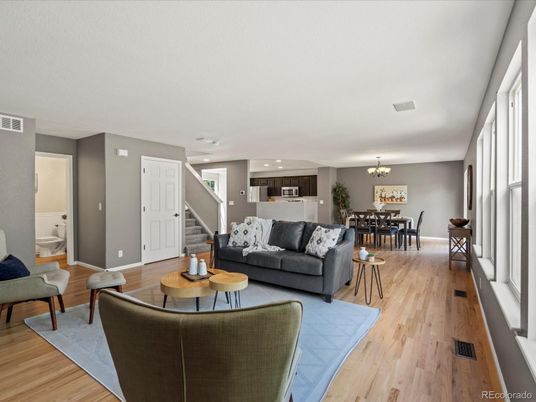 Chandelier, Dining room, Interior, Kitchen, Living room, Recessed Lighting, Wood Texture Flooring