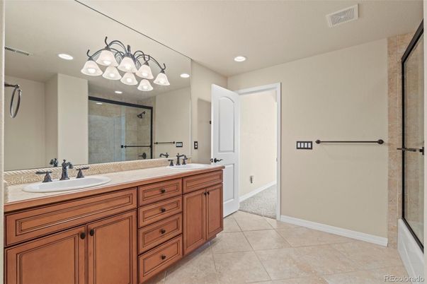 Bathroom, Dual Sink Vanities, Glass Shower, Interior, Recessed Lighting