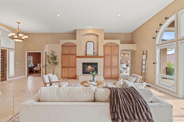 Chandelier, Fireplace, Interior, Living room, Recessed Lighting