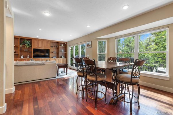 Dining room, Interior, Living room, Recessed Lighting, Wood Texture Flooring
