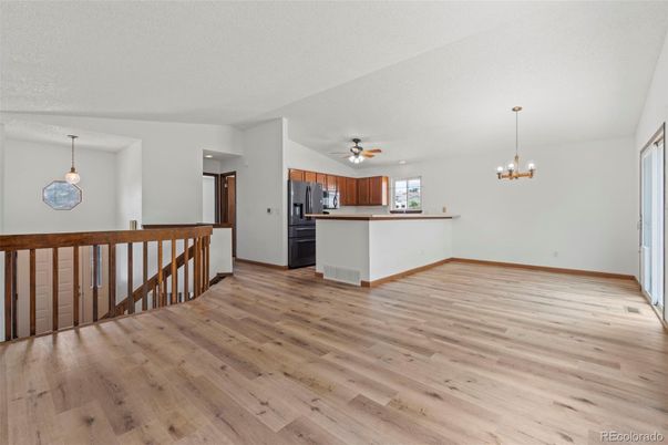 Empty room, Interior, Kitchen, Pendant Lights, Wood Texture Flooring