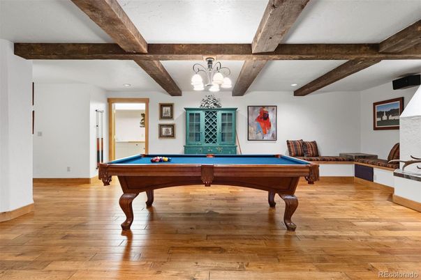 Billiard Table, Chandelier, Game Room, Interior, Recessed Lighting, Wooden Beams, Wood Texture Flooring