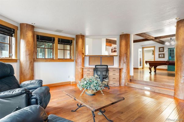 Billiard Table, Home Office, Interior, Recessed Lighting, Wooden Beams, Wood Texture Flooring
