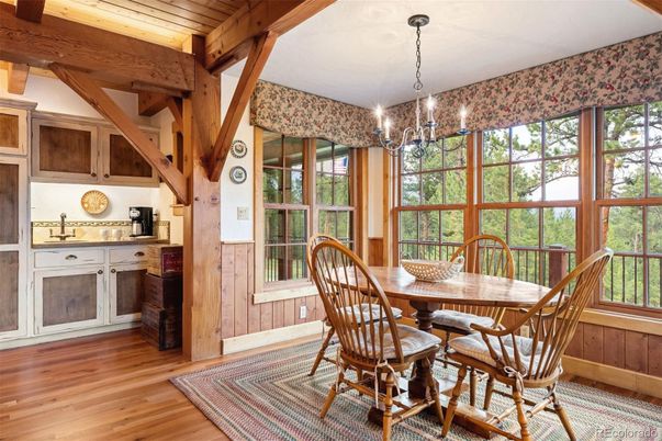 Chandelier, Dining room, Interior, Wooden Beams, Wooden Ceilings, Wood Texture Flooring