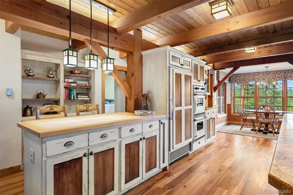 Chandelier, Dining room, Interior, Kitchen, Pendant Lights, Wooden Beams, Wooden Ceilings, Wood Texture Flooring