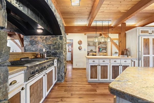 Interior, Kitchen, Pendant Lights, Stone Walls, Wooden Beams, Wooden Ceilings, Wood Texture Flooring