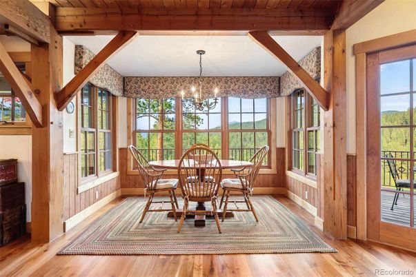 Chandelier, Dining room, Interior, Sun Room, Wooden Beams, Wooden Ceilings, Wood Texture Flooring
