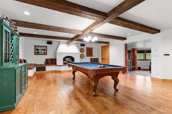 Billiard Table, Fireplace, Game Room, Interior, Recessed Lighting, Wooden Beams, Wood Texture Flooring