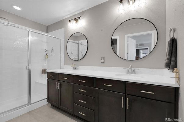 Bathroom, Dual Sink Vanities, Glass Shower, Interior, Recessed Lighting