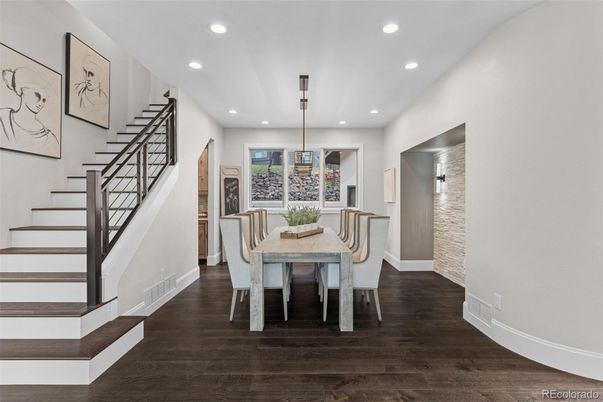Dining room, Interior, Pendant Lights, Recessed Lighting, Wood Texture Flooring