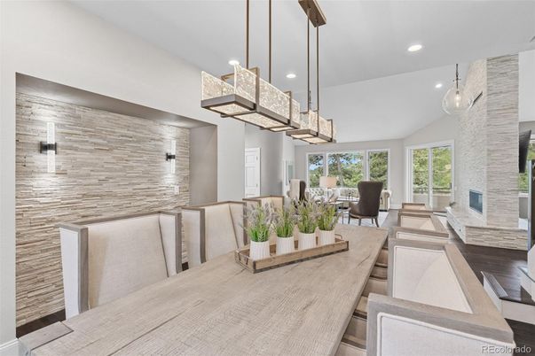 Dining room, Fireplace, Interior, Pendant Lights, Recessed Lighting, Wood Texture Flooring
