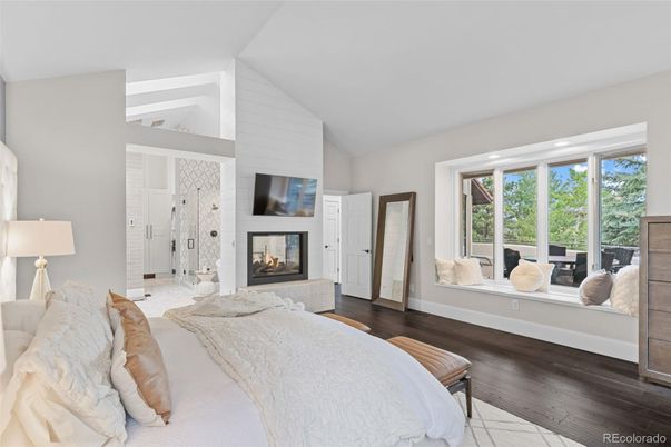 Bedroom, Fireplace, Interior, Recessed Lighting, Wood Texture Flooring