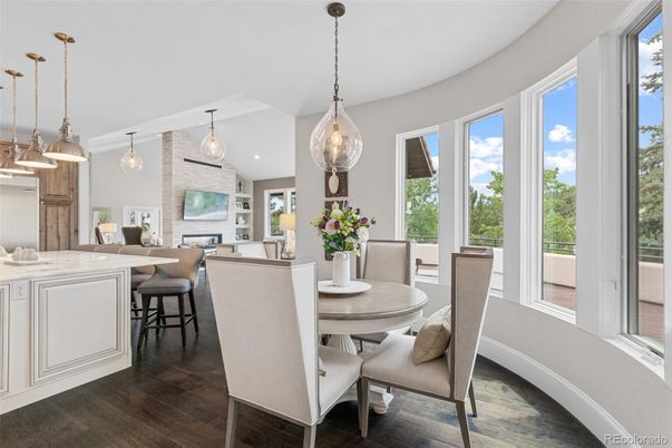 Dining room, Fireplace, Interior, Kitchen, Pendant Lights, Stone Walls, Wood Texture Flooring