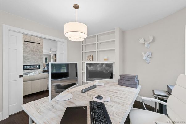 Dining room, Interior, Living room, Pendant Lights, Wood Texture Flooring