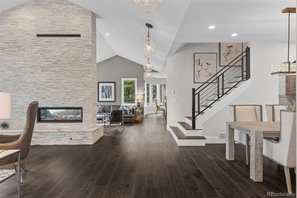 Fireplace, Interior, Living room, Pendant Lights, Recessed Lighting, Wood Texture Flooring