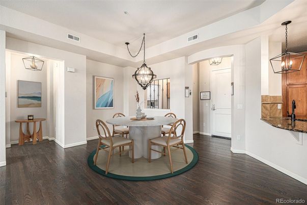 Dining room, Interior, Pendant Lights, Wood Texture Flooring