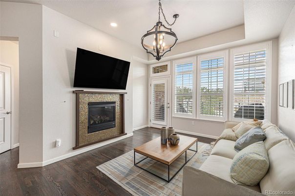 Fireplace, Interior, Living room, Pendant Lights, Recessed Lighting, Wood Texture Flooring
