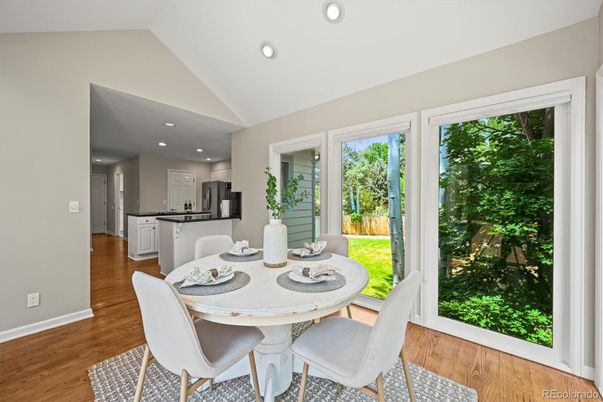 Dining room, Interior, Kitchen, Recessed Lighting, Wood Texture Flooring