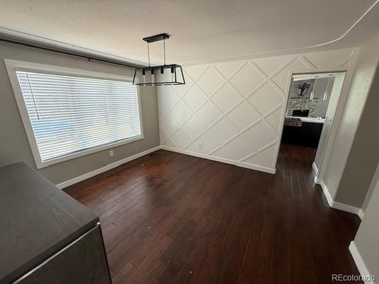 Empty room, Interior, Kitchen, Pendant Lights, Wood Texture Flooring