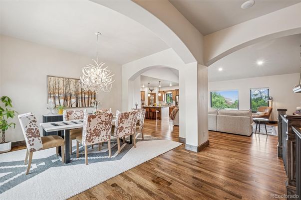 Chandelier, Dining room, Interior, Living room, Pendant Lights, Recessed Lighting, Wood Texture Flooring