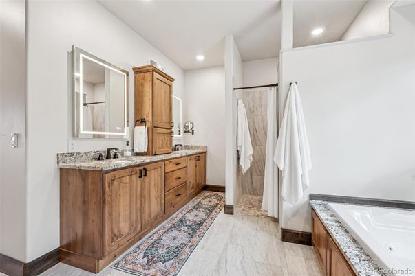 Bathroom, Dual Sink Vanities, Interior, Marble, Recessed Lighting