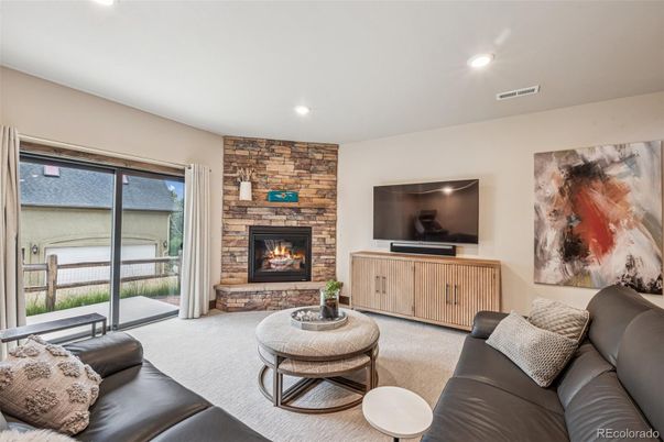 Fireplace, Interior, Living room, Recessed Lighting, Stone Walls