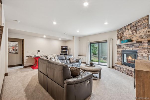Fireplace, Interior, Living room, Recessed Lighting, Stone Walls