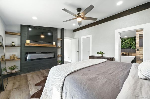 Bedroom, Interior, Recessed Lighting, Wood Texture Flooring