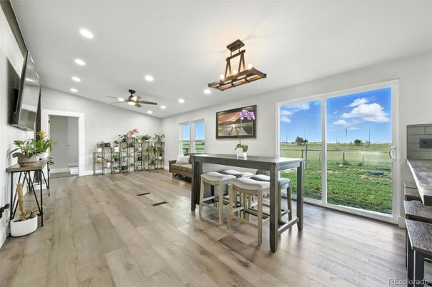 Dining room, Interior, Pendant Lights, Recessed Lighting, Wood Texture Flooring