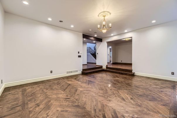 Chandelier, Empty room, Interior, Recessed Lighting, Wood Texture Flooring