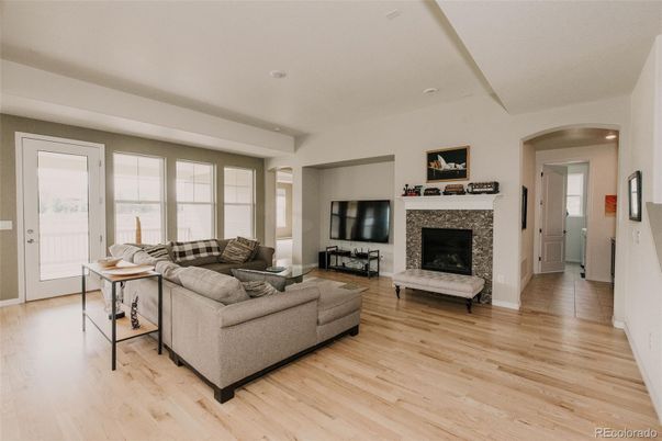Fireplace, Interior, Living room, Recessed Lighting, Wood Texture Flooring