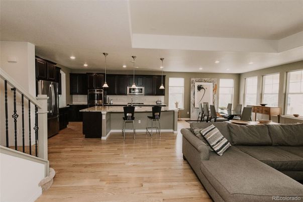Dining room, Interior, Kitchen, Living room, Pendant Lights, Recessed Lighting, Stainless Steel Appliances, Wood Texture Flooring