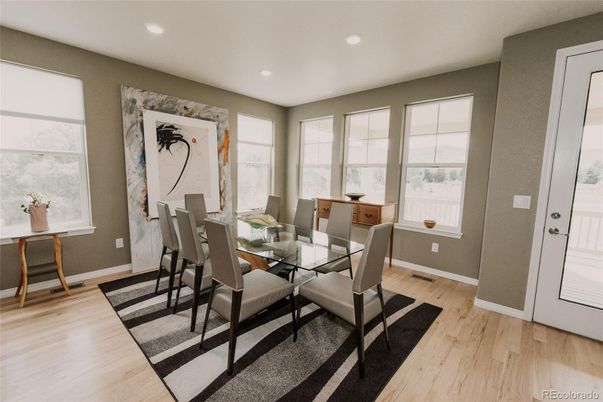 Dining room, Interior, Recessed Lighting, Wood Texture Flooring