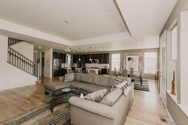 Dining room, Interior, Kitchen, Living room, Pendant Lights, Recessed Lighting, Stainless Steel Appliances, Wood Texture Flooring