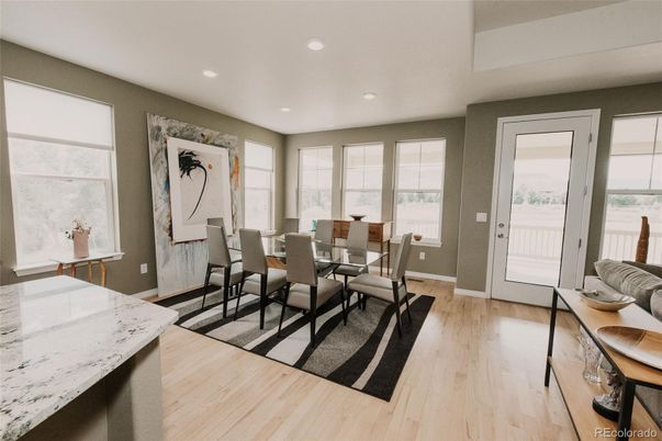 Dining room, Interior, Recessed Lighting, Wood Texture Flooring