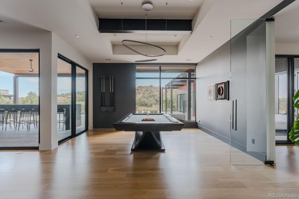 Billiard Table, Game Room, Interior, Pendant Lights, Recessed Lighting, Wood Texture Flooring