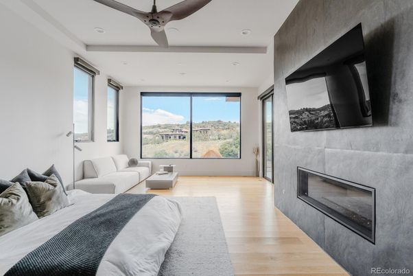 Bedroom, Fireplace, Interior, Living room, Recessed Lighting, Wood Texture Flooring