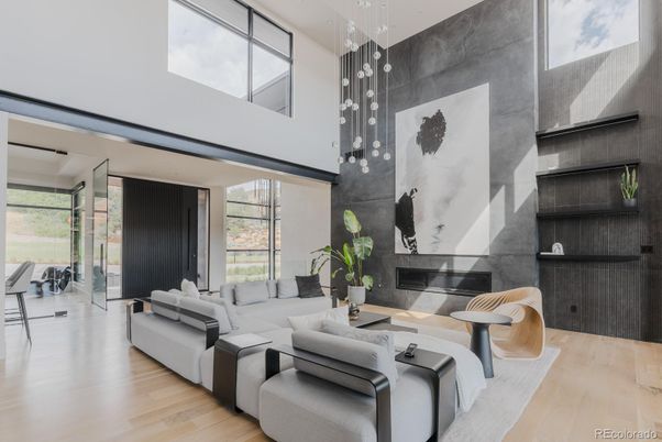 Fireplace, Interior, Living room, Pendant Lights, Wood Texture Flooring