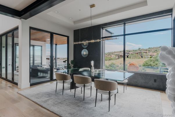 Dining room, Interior, Pendant Lights, Wood Texture Flooring