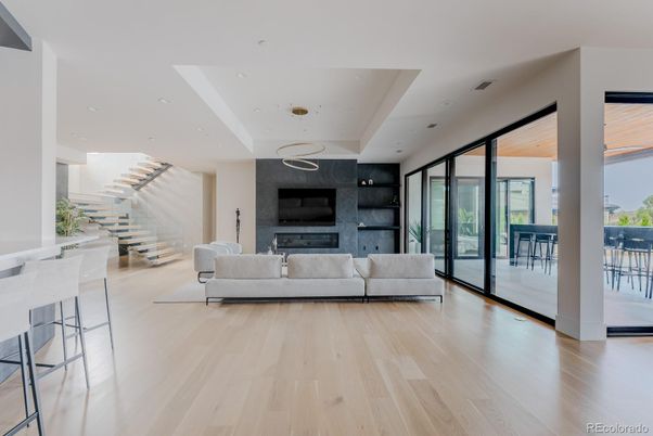 Fireplace, Interior, Living room, Recessed Lighting, Wood Texture Flooring