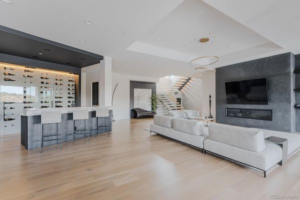 Fireplace, Interior, Living room, Pendant Lights, Recessed Lighting, Wood Texture Flooring