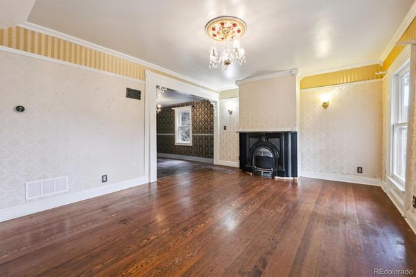 Chandelier, Empty room, Fireplace, Interior, Wood Texture Flooring