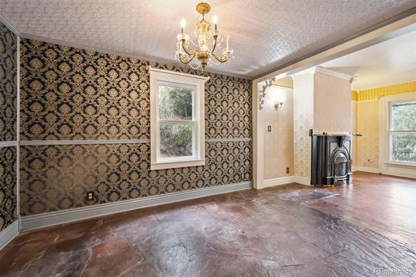 Chandelier, Empty room, Fireplace, Interior, Wood Texture Flooring
