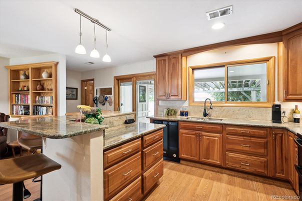 Interior, Kitchen, Pendant Lights, Recessed Lighting, Wood Texture Flooring
