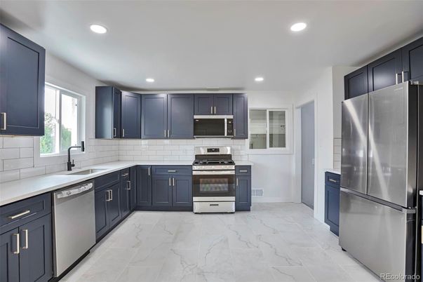 Interior, Kitchen, Marble, Recessed Lighting, Stainless Steel Appliances