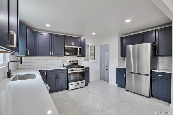 Interior, Kitchen, Marble, Recessed Lighting, Stainless Steel Appliances