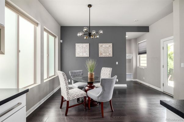 Dining room, Interior, Pendant Lights, Recessed Lighting, Wood Texture Flooring