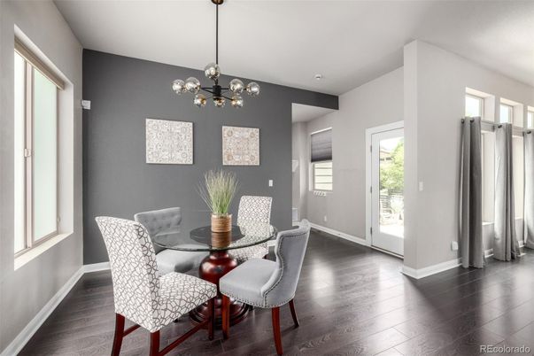 Dining room, Interior, Pendant Lights, Recessed Lighting, Wood Texture Flooring