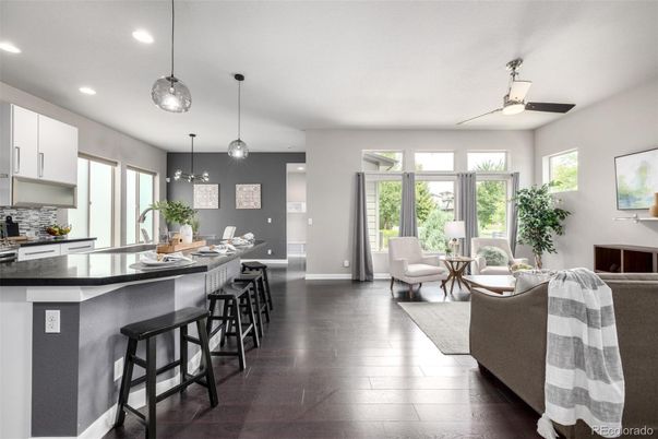Interior, Kitchen, Living room, Pendant Lights, Recessed Lighting, Wood Texture Flooring